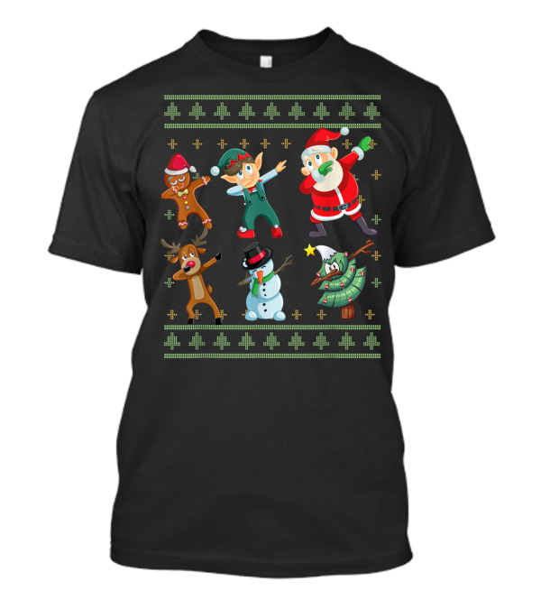 Dabbing Santa Squad With Reindeer Elf Gingerbread Snowman Christmas Tree T-Shirt
