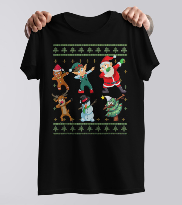 Dabbing Santa Squad With Reindeer Elf Gingerbread Snowman Christmas Tree T-Shirt