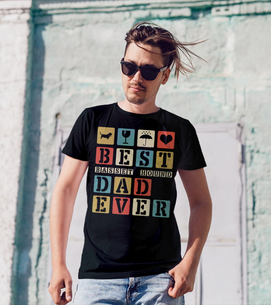 Best Basset Hound Dad Ever Vintage Style76 Retro Blocks T-Shirt
