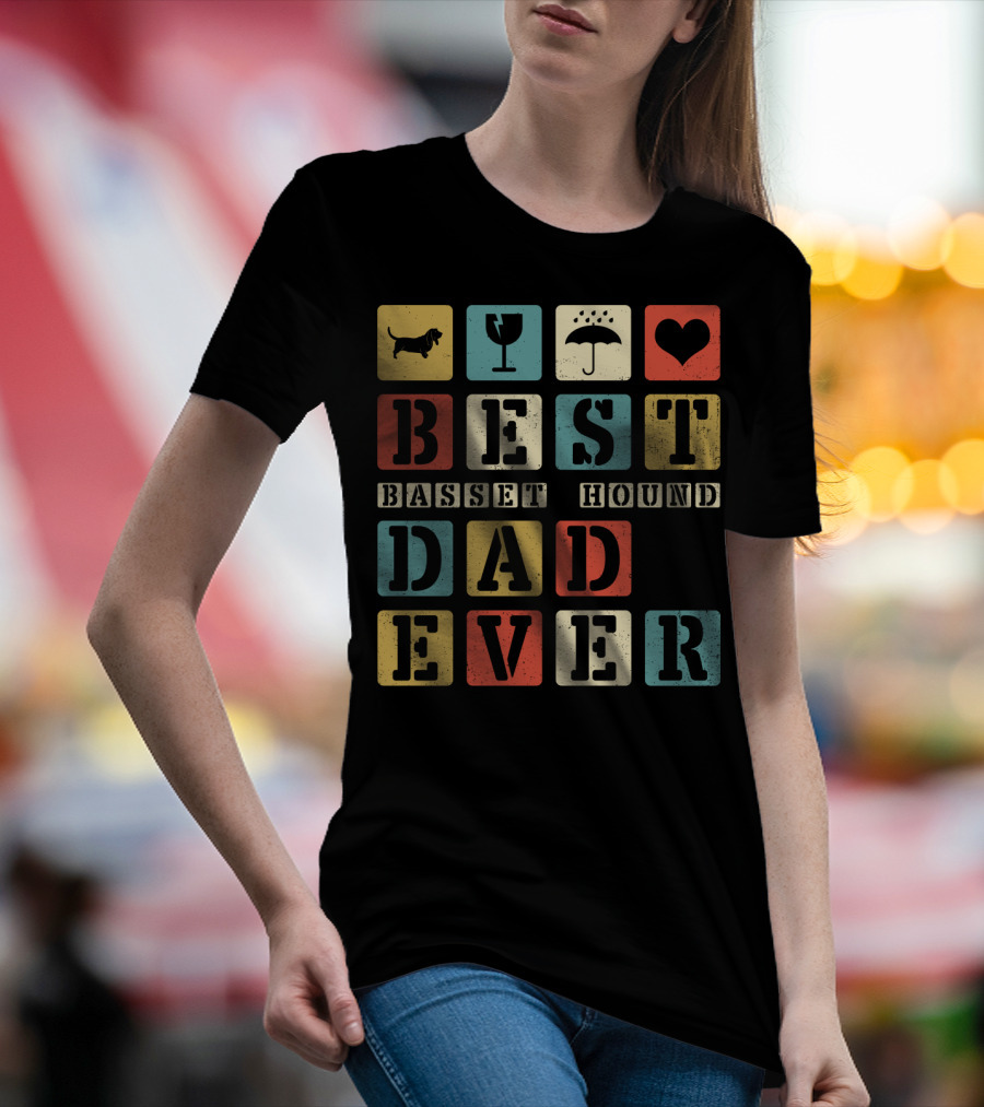 Best Basset Hound Dad Ever Vintage Style76 Retro Blocks T-Shirt