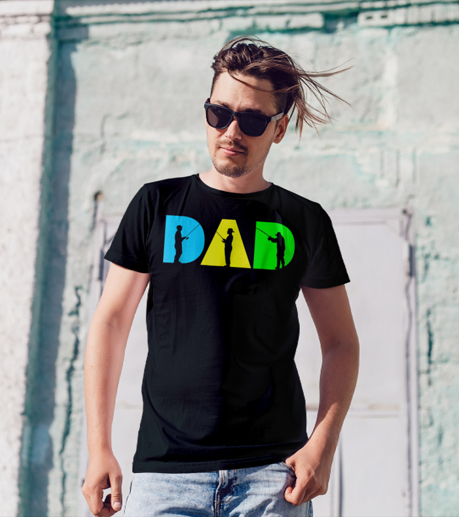 Funny Dad Fishing Silhouette Blue Yellow Green Design Father76 T-Shirt