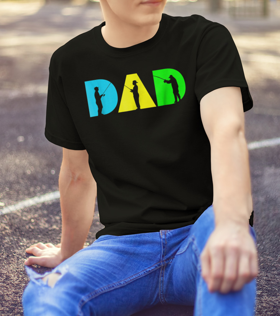 Funny Dad Fishing Silhouette Blue Yellow Green Design Father76 T-Shirt