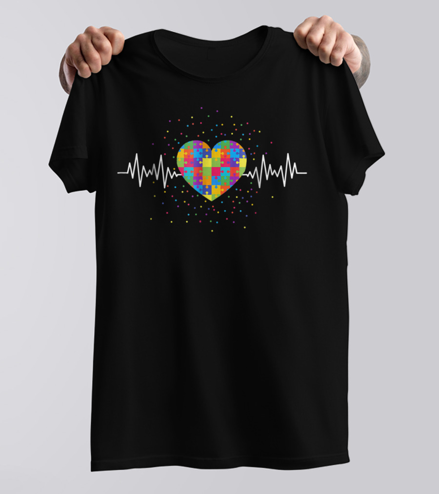 Autism Awareness Heart Puzzle Piece With Heartbeat Pattern Mom T-Shirt