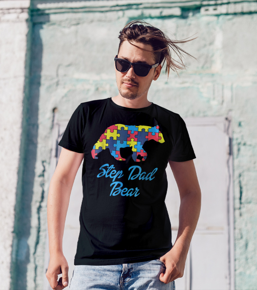 Step Dad Bear Autism Awareness Puzzle T-Shirt