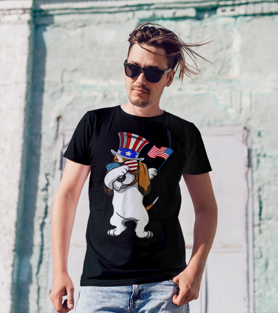 Basset Hound Dabbing Dog Dad American Flag 4th Of July T-Shirt