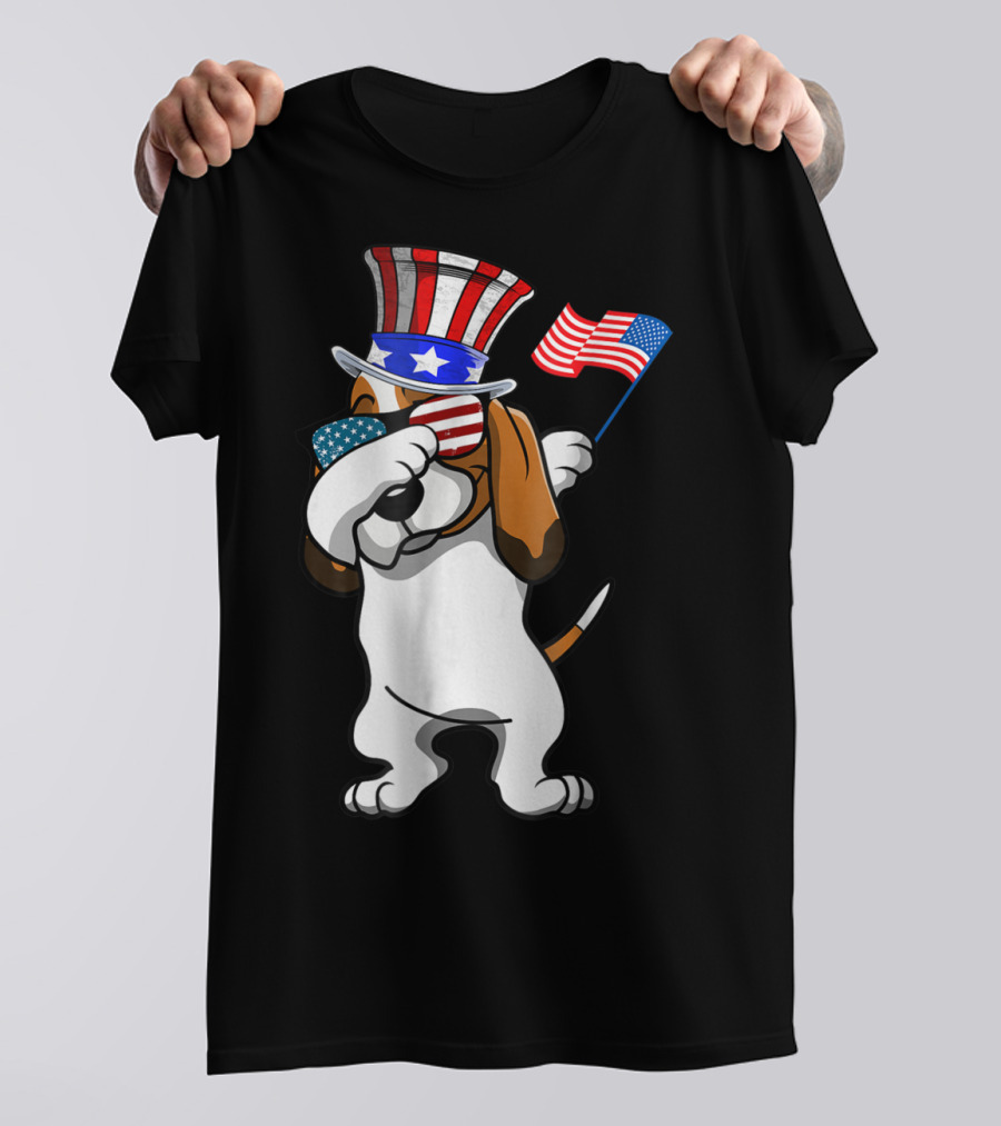 Basset Hound Dabbing Dog Dad American Flag 4th Of July T-Shirt