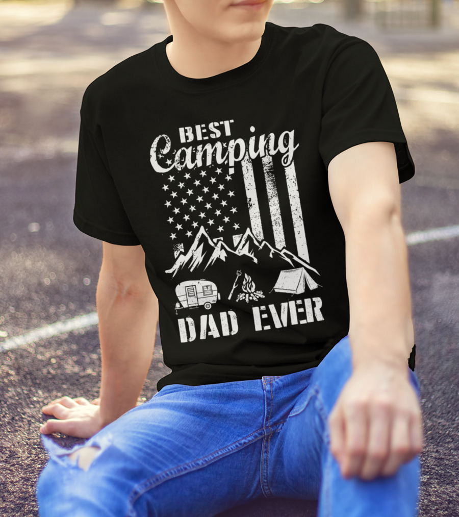 Best Camping Dad Ever American Flag Mountains Campfire Tent And Camper T-Shirt