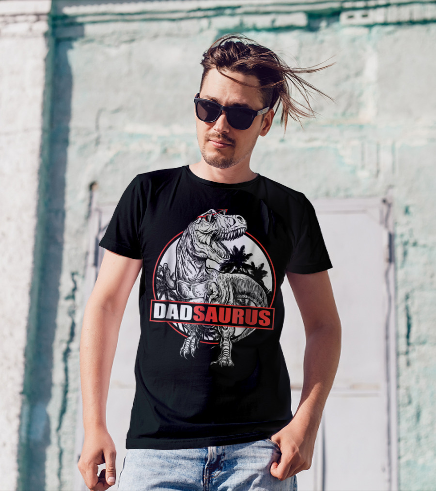 Dadsaurus Rex Dad Saurus Dinosaur Papa68 Jurassic Style T-Rex With Sunglasses T-Shirt