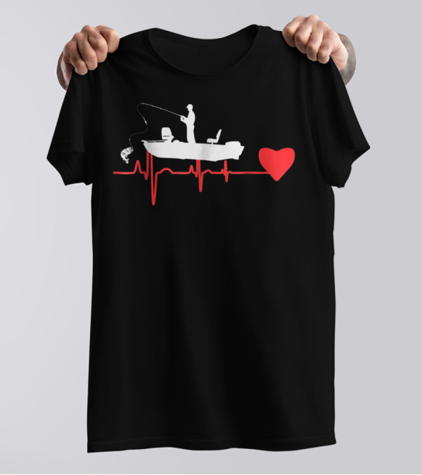 Awesome Fishing Heartbeat For Fishing Dad In A Boat With Red Heart T-Shirt