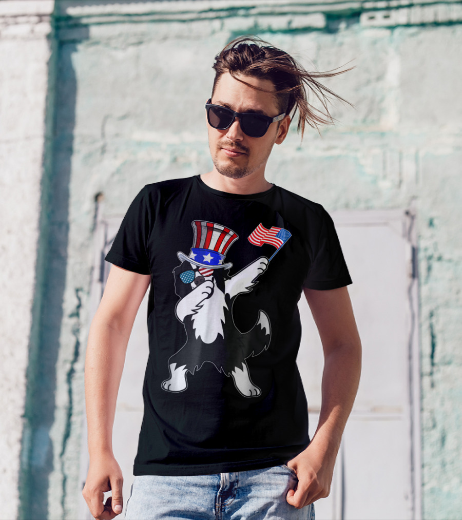 Border Collie Dabbing Dog Dad Patriotic 4th Of July T-Shirt