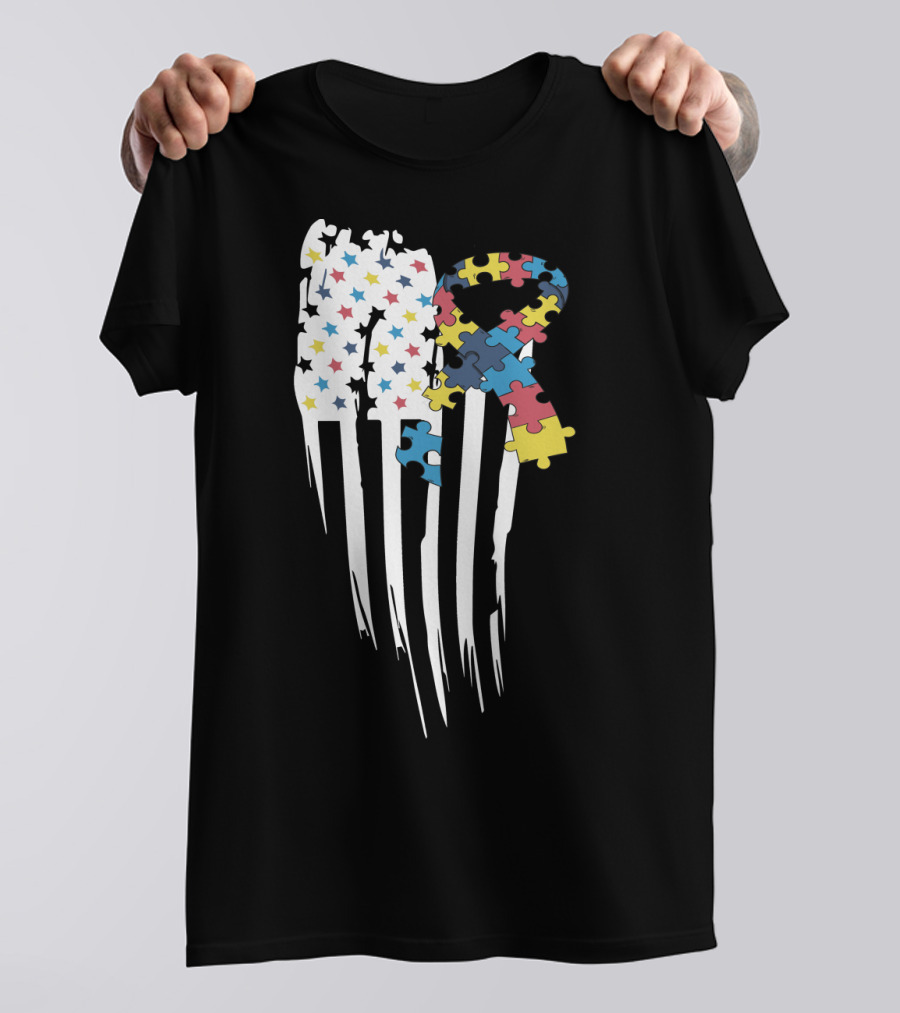 Autism Awareness Month Stars And Stripes Puzzle Ribbon Flag T-Shirt