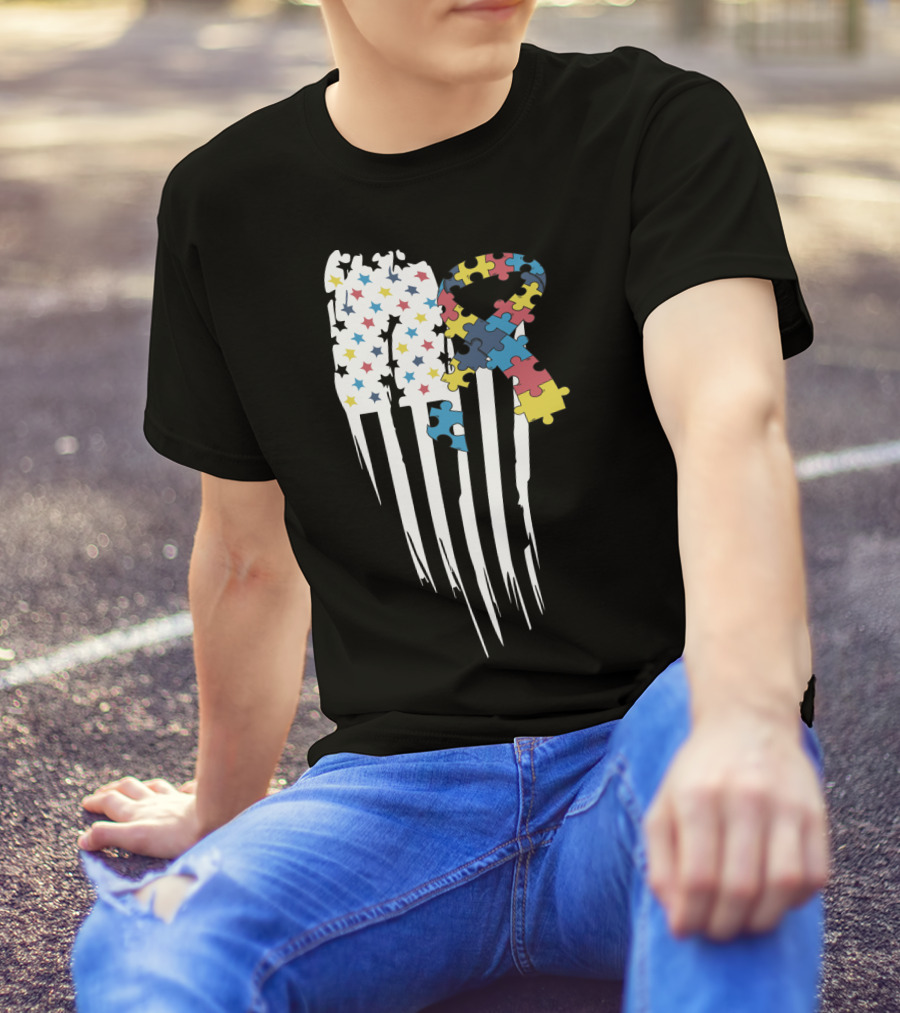 Autism Awareness Month Stars And Stripes Puzzle Ribbon Flag T-Shirt