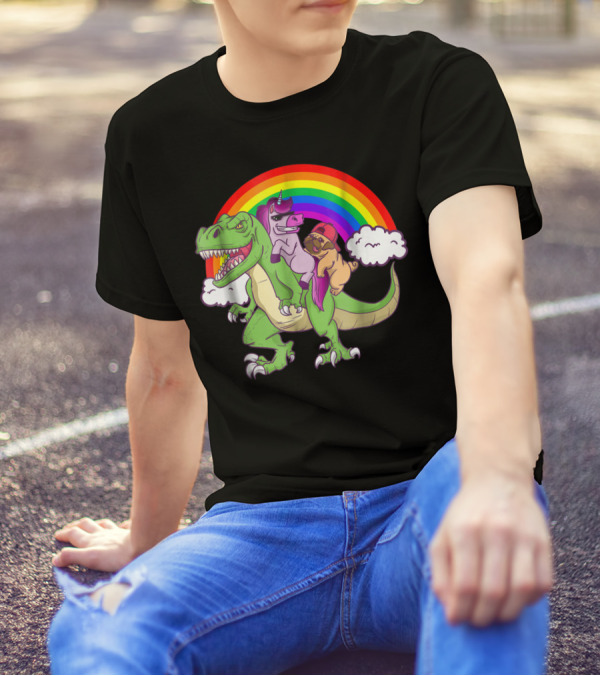Dinosaur Unicorn Pug Dog Lovers Rainbow Adventure T-Shirt