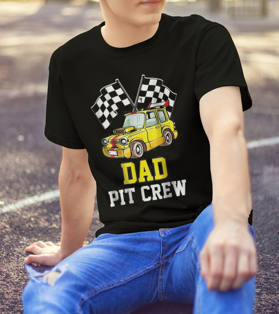 Dad Pit Crew Racing Yellow Car Checkered Flags T-Shirt