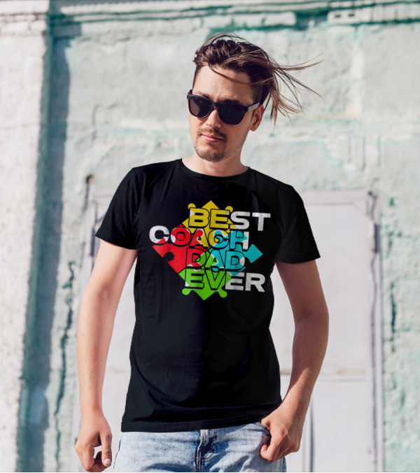 Best Coach Dad Ever Autism Puzzle Piece Colors 90s T-Shirt