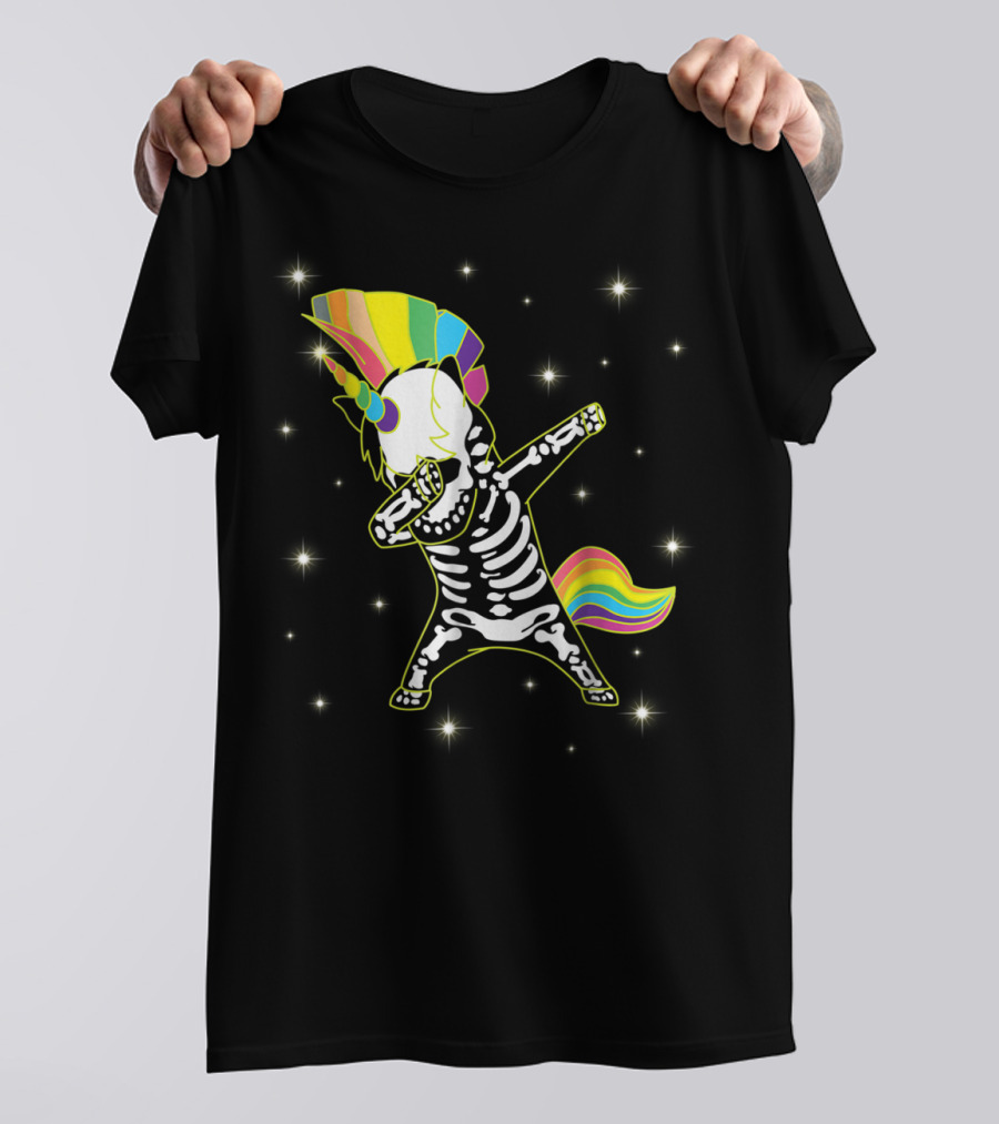 Dabbing Unicorn Skeleton Dad Hip Hop Xray Rainbow Mane Tail Starry Background T-Shirt