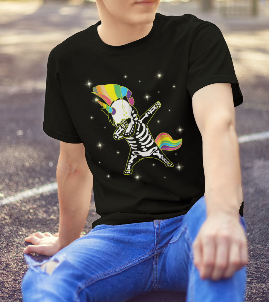 Dabbing Unicorn Skeleton Dad Hip Hop Xray Rainbow Mane Tail Starry Background T-Shirt