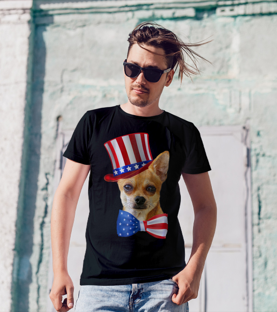 Chihuahua Uncle Sam Hat And Bowtie American Flag T-Shirt