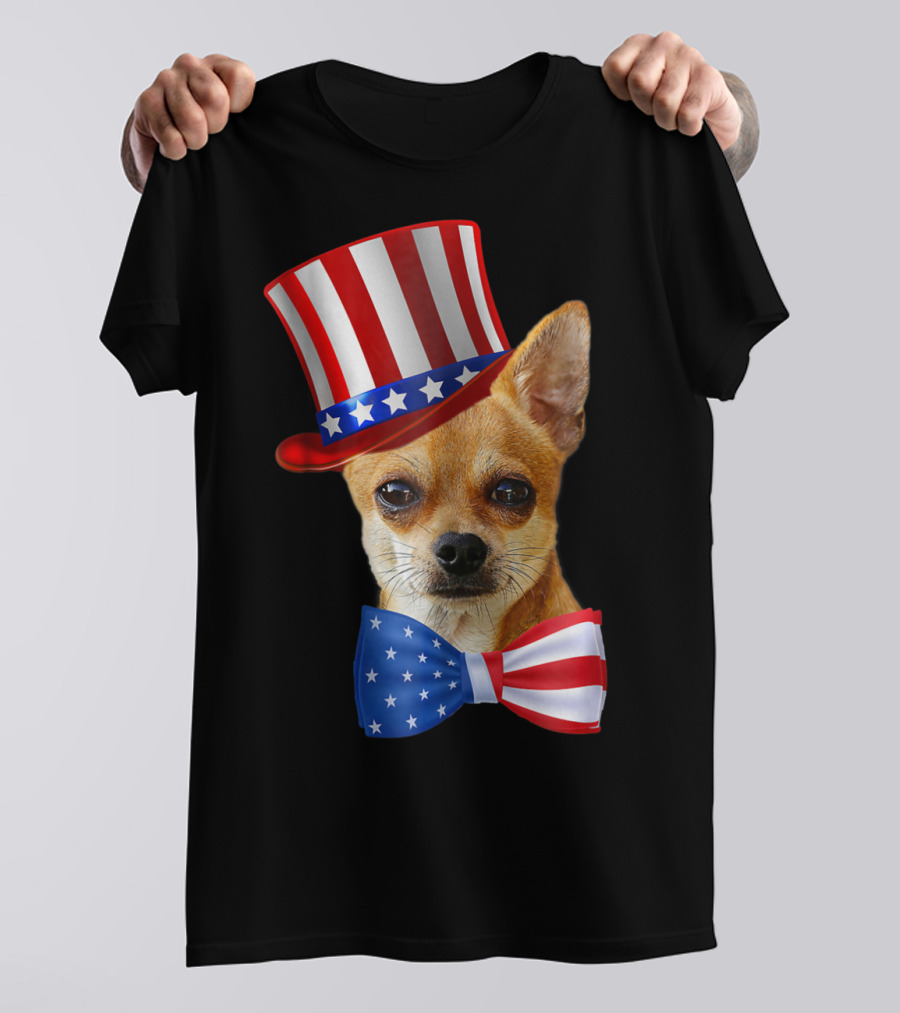Chihuahua Uncle Sam Hat And Bowtie American Flag T-Shirt
