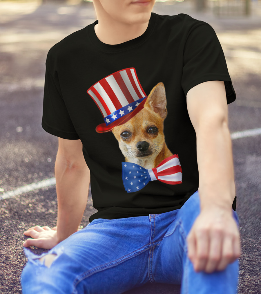 Chihuahua Uncle Sam Hat And Bowtie American Flag T-Shirt