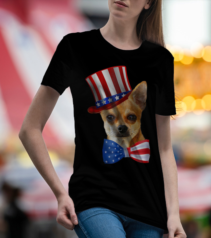 Chihuahua Uncle Sam Hat And Bowtie American Flag T-Shirt