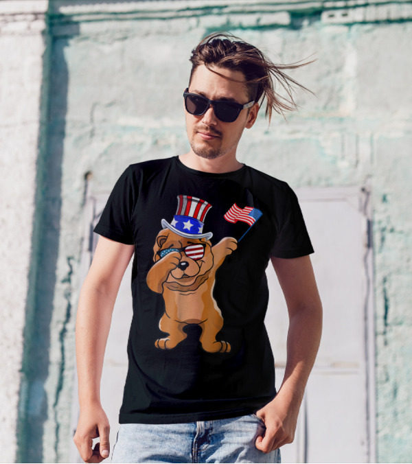 Chow Chow Dabbing Dog Dad American Flag Patriotic 4th Of July T-Shirt