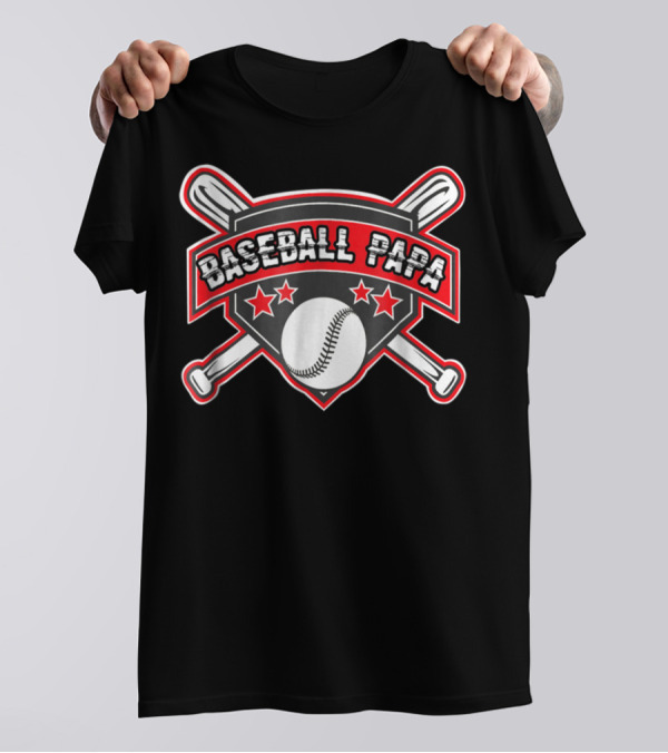 Baseball Papa Shield With Crossed Bats And Stars T-Shirt