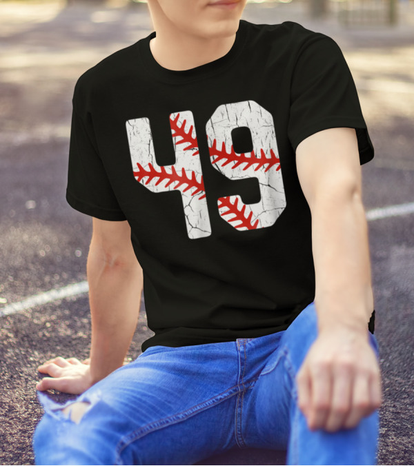 Baseball Player Jersey Number 49 Red Stitching T-Shirt