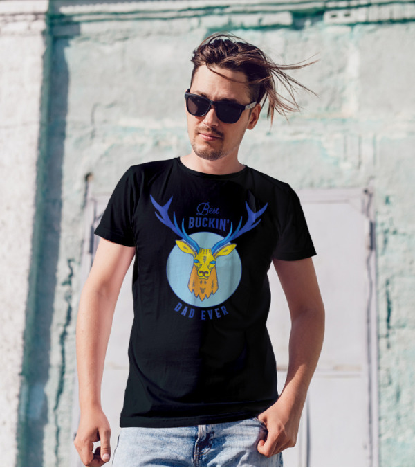 Best Buckin' Dad Ever Deer Hunting Stag Head Blue And Yellow Circle T-Shirt