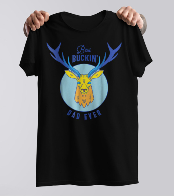 Best Buckin' Dad Ever Deer Hunting Stag Head Blue And Yellow Circle T-Shirt