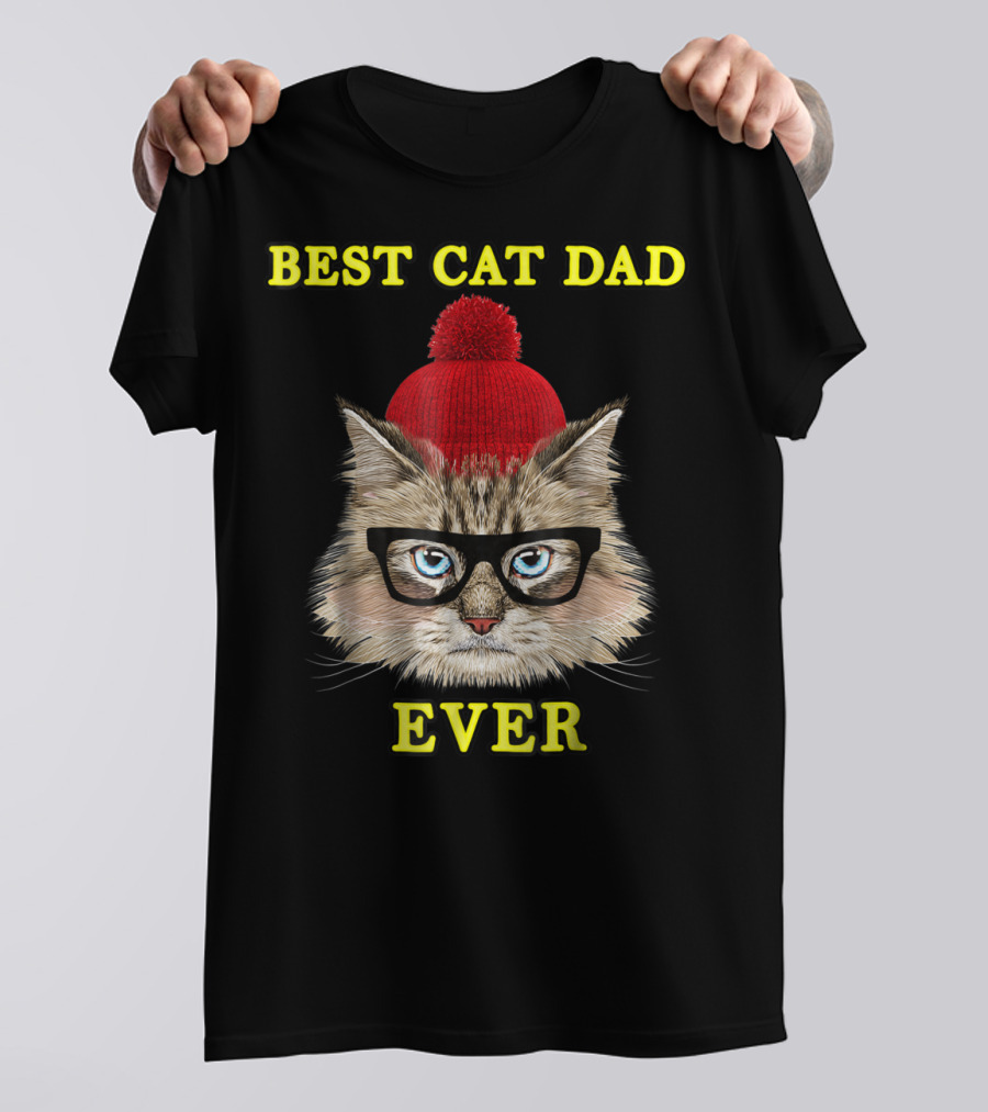 Best Cat Dad Ever Funny Pictoplast91 Red Beanie Glasses Cat T-Shirt