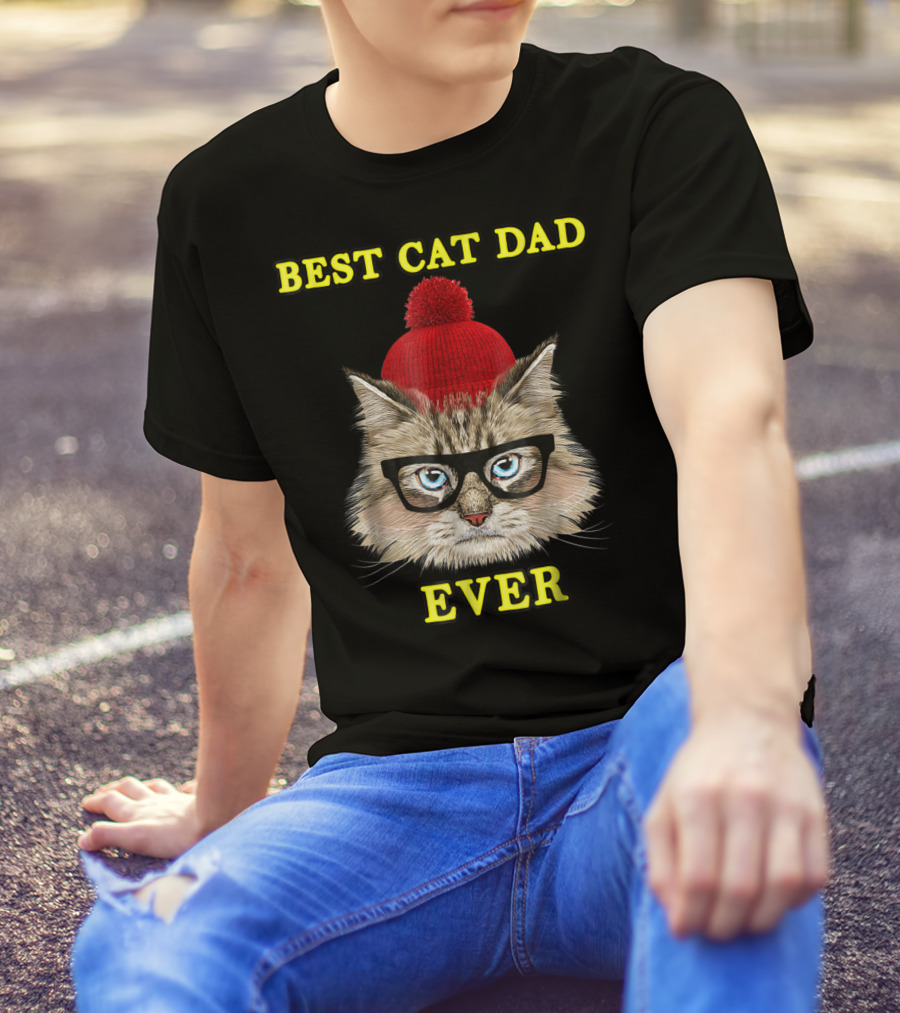 Best Cat Dad Ever Funny Pictoplast91 Red Beanie Glasses Cat T-Shirt