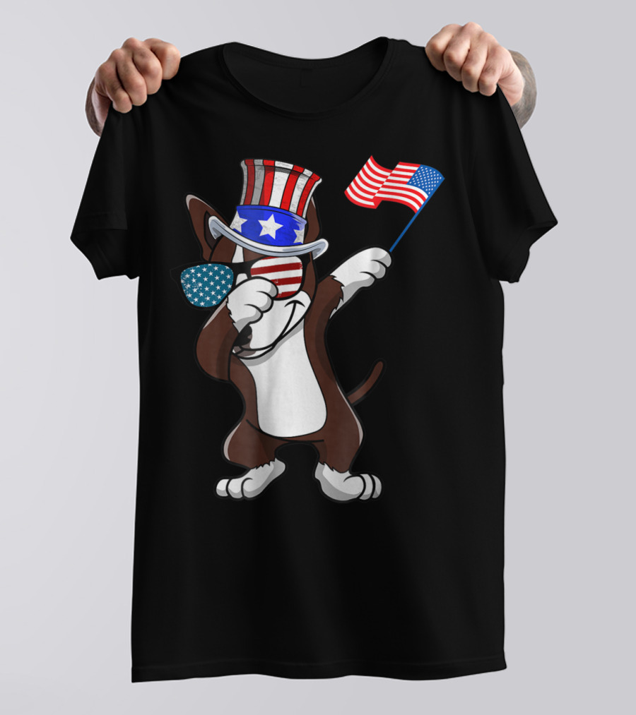 Bull Terrier Dabbing Dog Dad American Flag 4th Of July T-Shirt