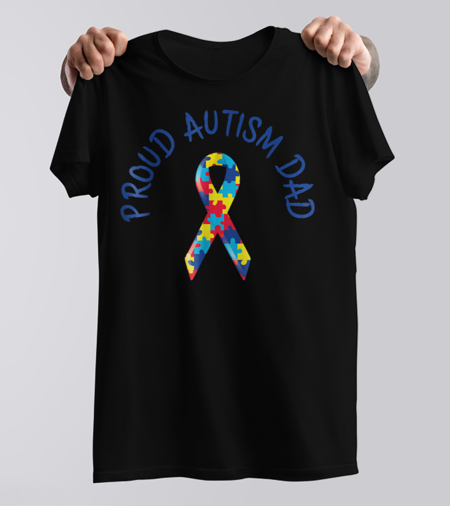 Proud Autism Dad Puzzle Ribbon Tee Men Grandpa Papa Support T-Shirt