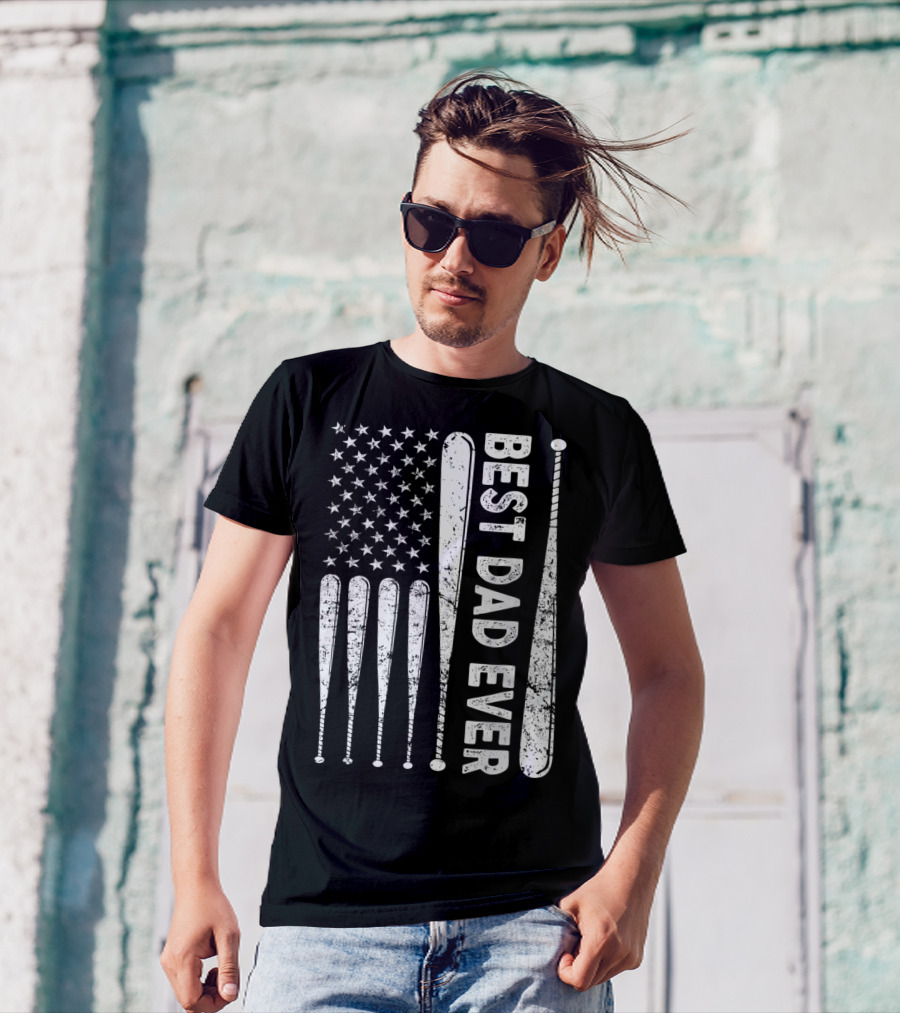 Best Dad Ever American Flag Baseball SoftballUSA T-Shirt