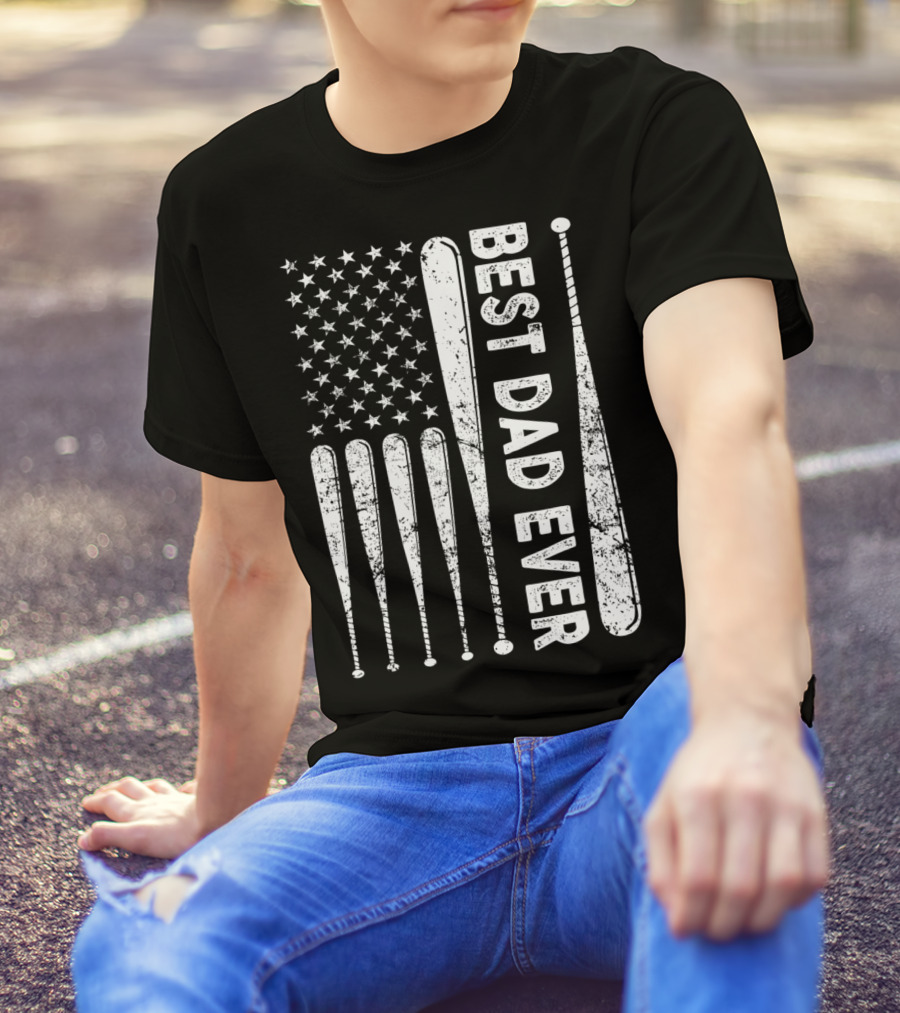 Best Dad Ever American Flag Baseball SoftballUSA T-Shirt