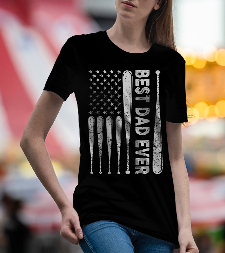 Best Dad Ever American Flag Baseball SoftballUSA T-Shirt