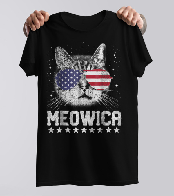 MEOWICA American Flag Cat With USA Sunglasses Stars T-Shirt