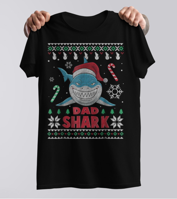 Dad Shark Ugly Christmas Sweater Santa Hat Candy Canes Snowflakes T-Shirt