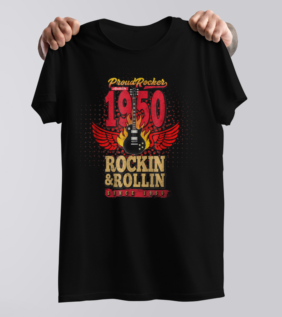 Proud Rocker Made In 1950 Flaming Wing Guitar Rockin And Rollin Since 1950 T-Shirt