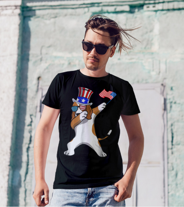 Patriotic Beagle Dabbing Dog Dad 4th Of July American Flag Hat Sunglasses T-Shirt