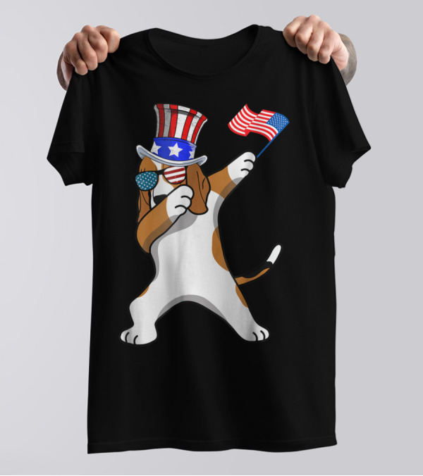 Patriotic Beagle Dabbing Dog Dad 4th Of July American Flag Hat Sunglasses T-Shirt