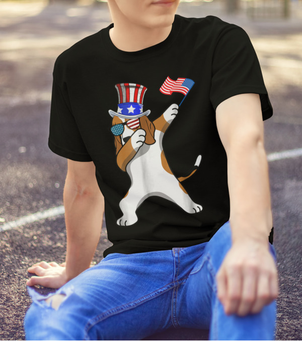 Patriotic Beagle Dabbing Dog Dad 4th Of July American Flag Hat Sunglasses T-Shirt