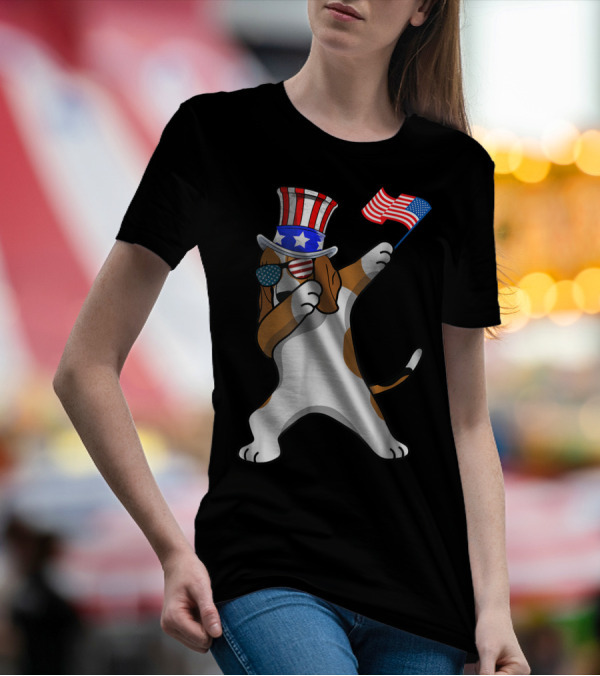 Patriotic Beagle Dabbing Dog Dad 4th Of July American Flag Hat Sunglasses T-Shirt