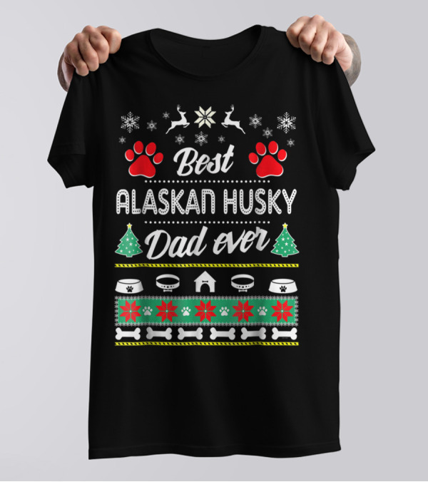 Best Alaskan Husky Dad Ever Christmas Snowflakes Reindeer Paw Prints T-Shirt