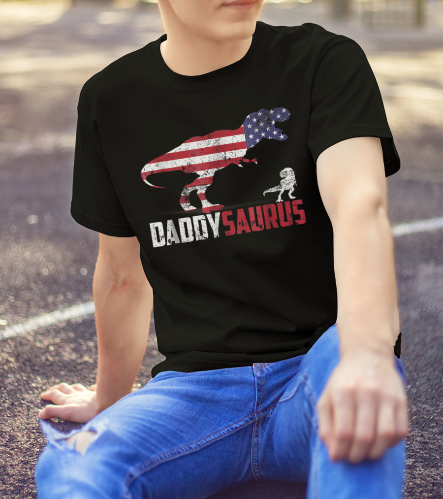 American Flag Dinosaur Dad Dadsaurus 4th Of July Daddy Daddysaurus T-Shirt