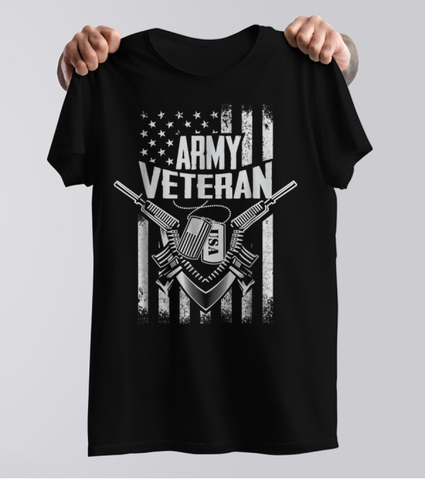 Army Veteran USA With Military Flag And Guns T-Shirt