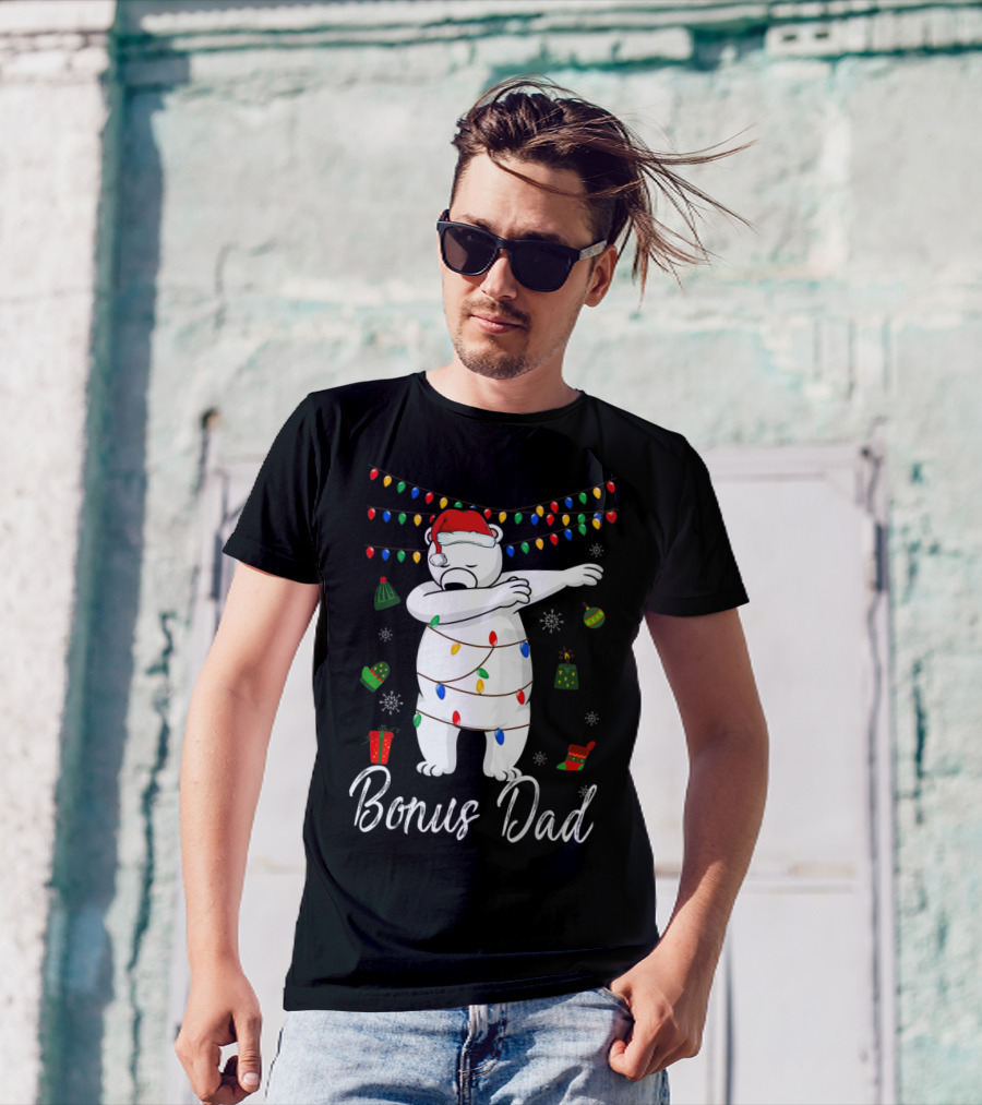 Bonus Dad Bear Christmas Lights Santa Hat Dabbing T-Shirt