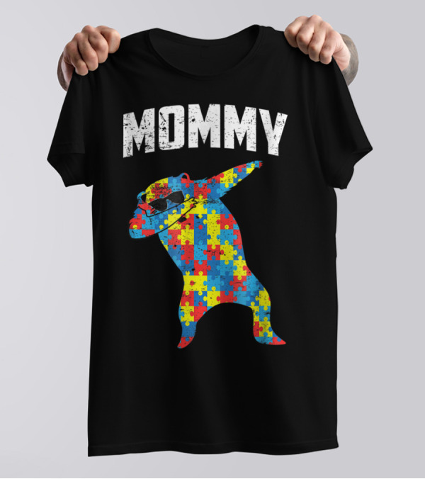Autism Puzzle Bear Dabbing Mommy Glasses T-Shirt