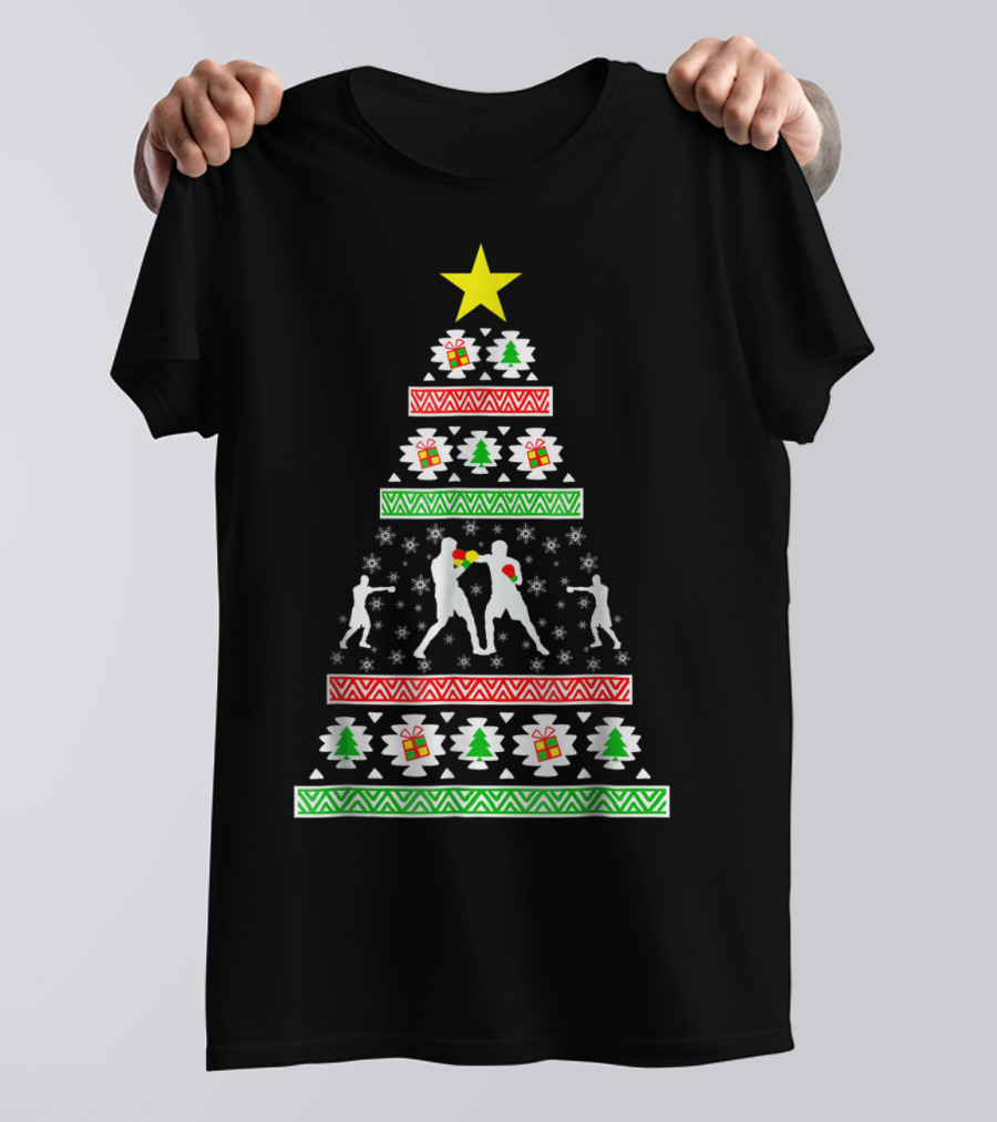 Boxing Ugly Christmas Tree With Boxer Silhouettes For Son Or Dad T-Shirt